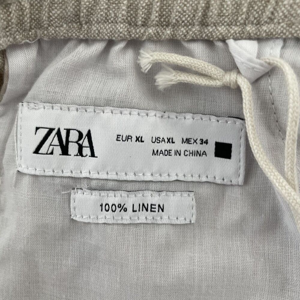 ZARA Men's 100% Linen Beige Relaxed Fit Drawstring Tapered Leg Pants Size XL - Picture 5 of 11